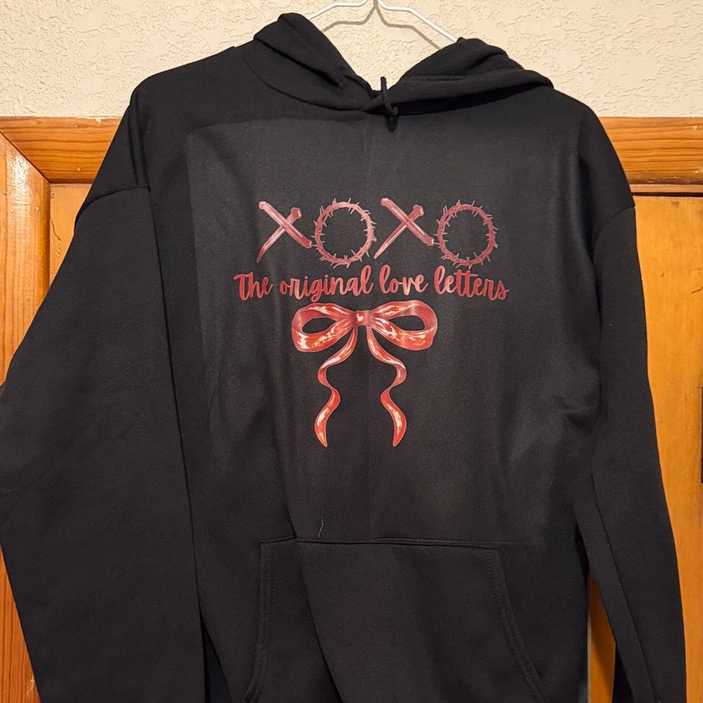 Black Graphic Hoodie with Red 'XOXO' Love Letter Design